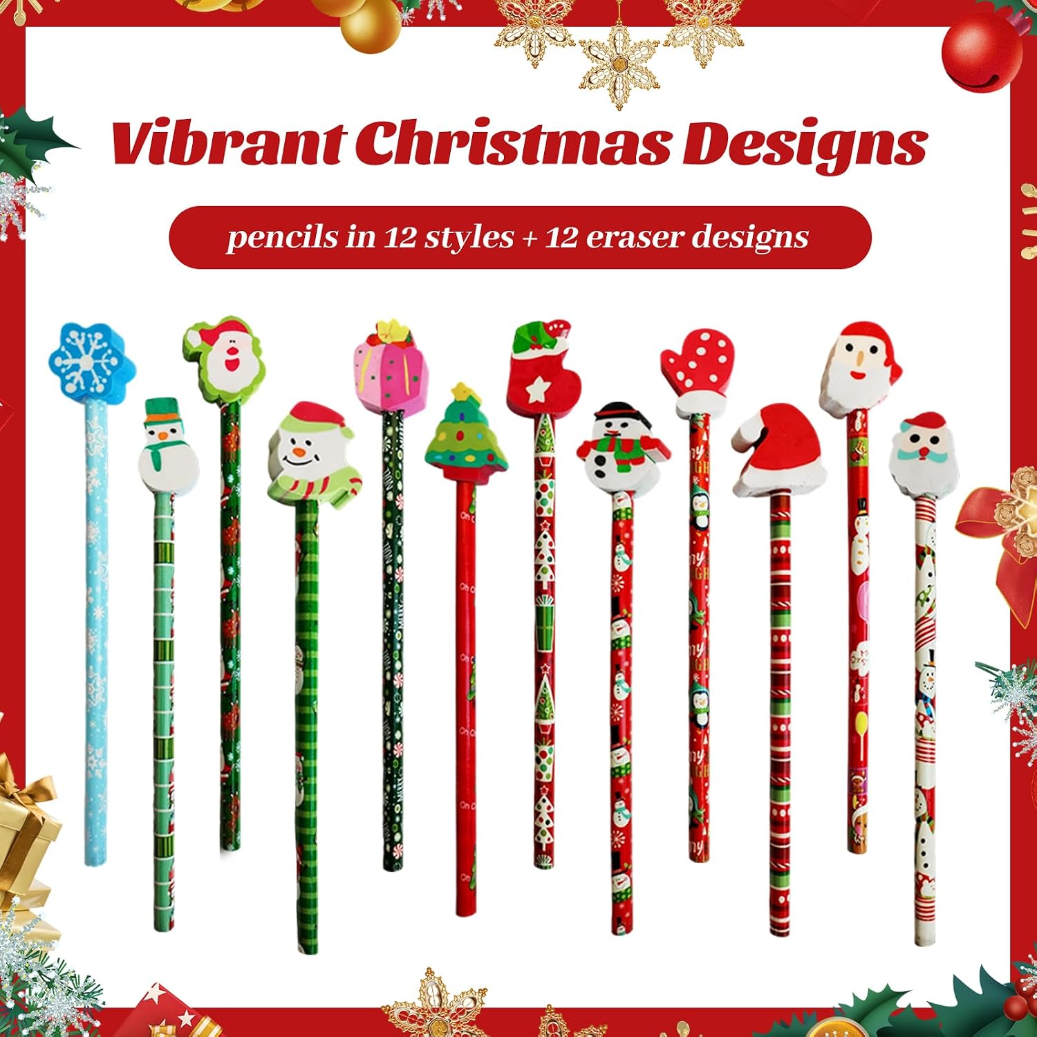 Christmas Pencils with Giant Elk & Snowman Erasers, 12 Styles Wood Pencils for Xmas (36) image 2