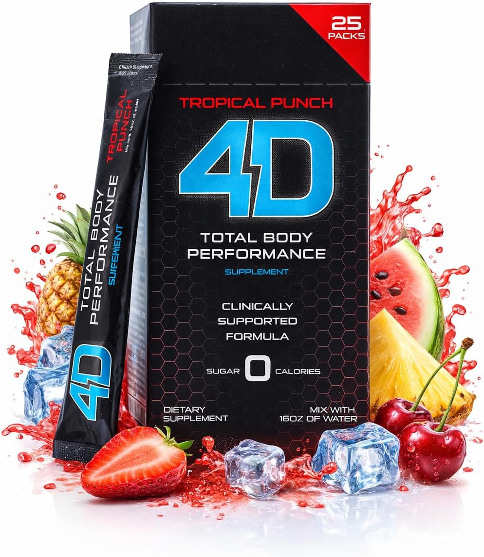 4D - Tropical Punch 25 Unit Box- Vitamins & Energy Powder Packets - Zero Calories & Sugars - Gluten Free, Non-GMO, Keto & Vegan Friendly