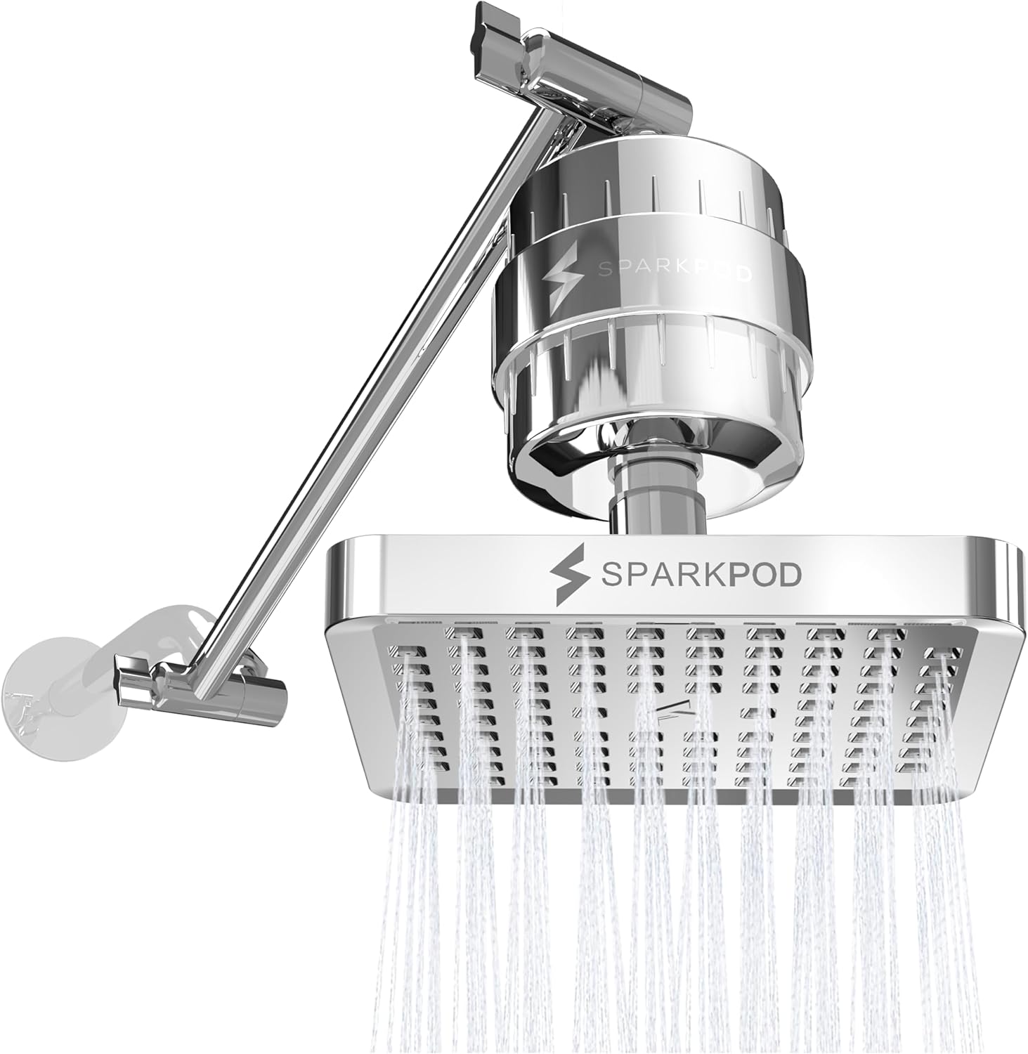 SparkPod Chrome High-Pressure Square Rain Shower Head + Shower Filter Capsule + Shower Arm Extension - Filters Chlorine and Impurities - 1-min Installation