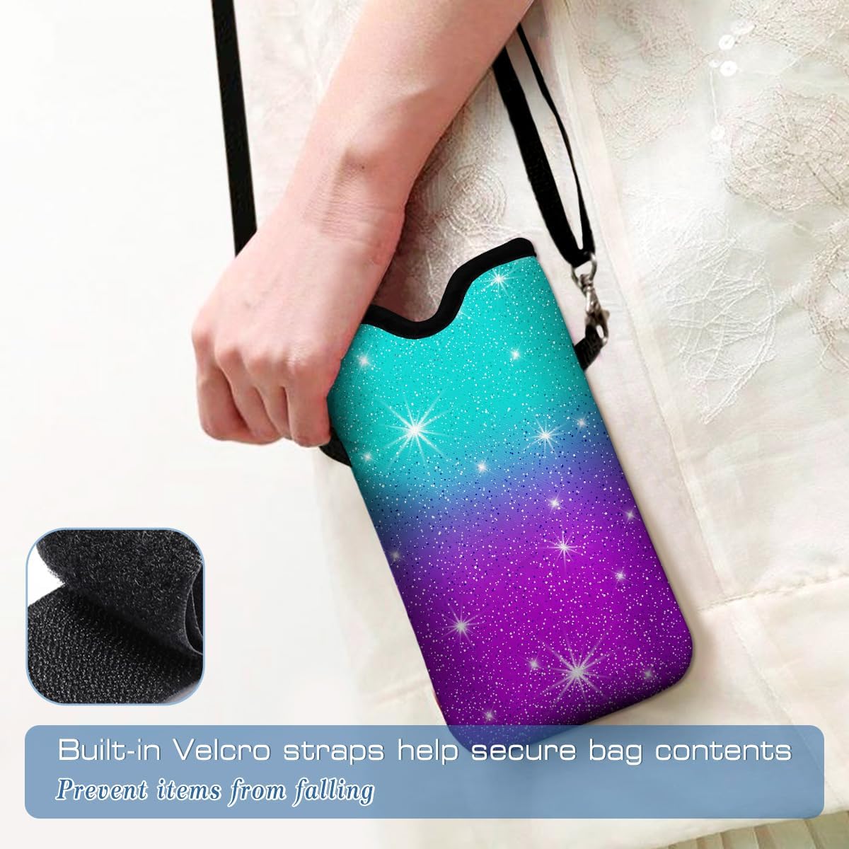 Neoprene Cell Phone Pouch 7.5 X 4.3 in Cloth Mobile Protection Case Bag with Crossbody Strap Neck Lanyard Cell Phone Case Teal Purple Glitter - Image 5