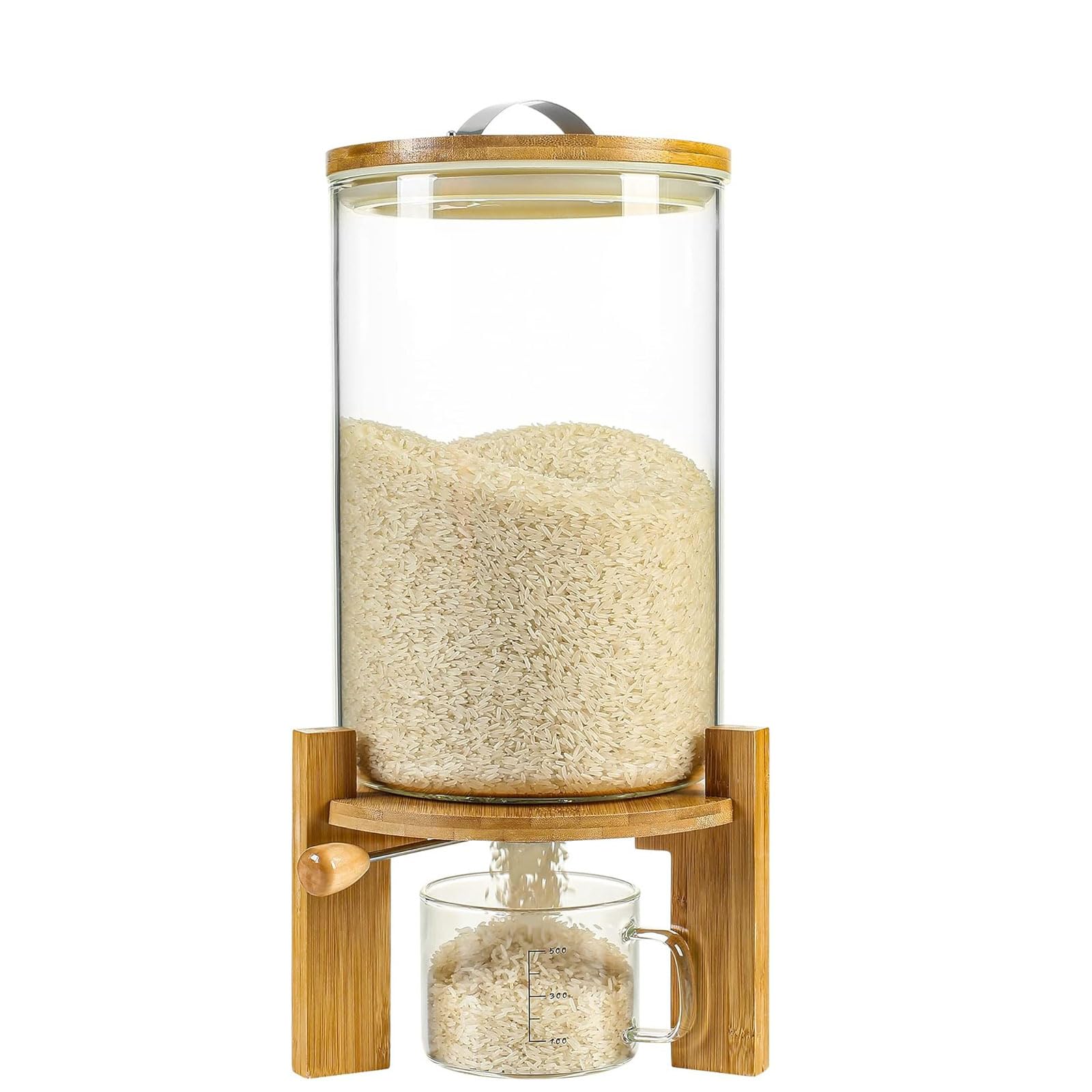 Aprilhp Clear Flour And Cereal Container, 5L/8L, Rice Dispenser, Creative Glass Food Storge Container For Kitchen Organization And Pantry Store, Airtight Lid And Wooden Stand8l