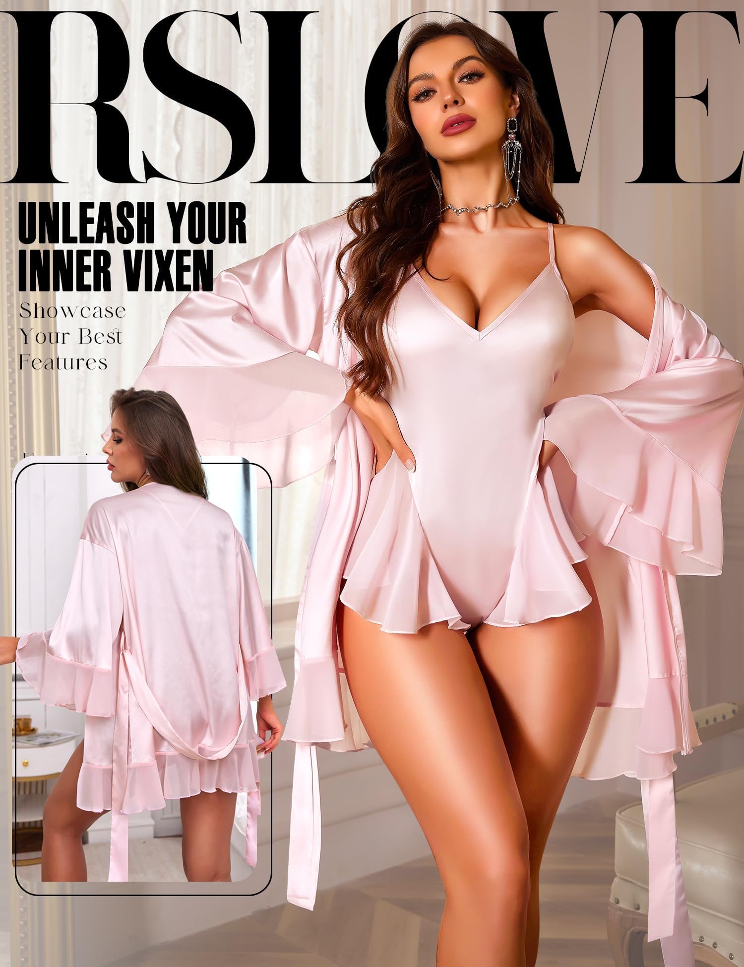RSLOVE Sexy Dessous für Damen - Satin Morgenmantel Bademantel Hochzeit Robe Mit Body