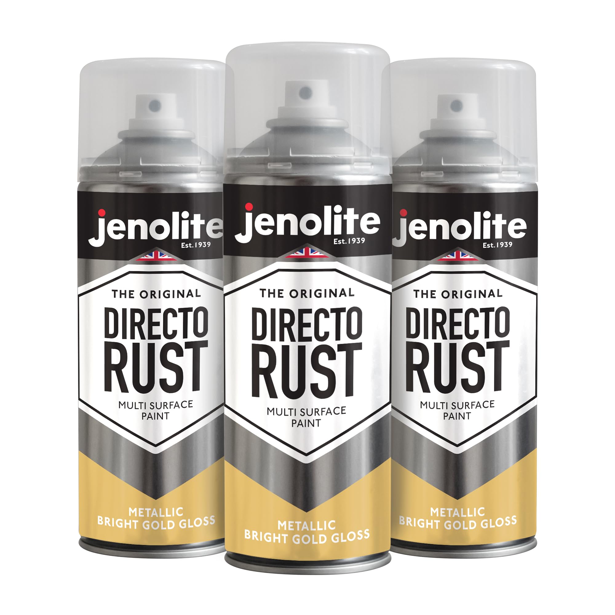 Jenolite Bright Gold Directorust Metallic Gloss Spray Paint | | 3X400ml | Multi-Surface Spray Paint For Metal, Wood, Plastic | All-In-Oneprimer, Undercoat And Topcoat | Interior & Exterior