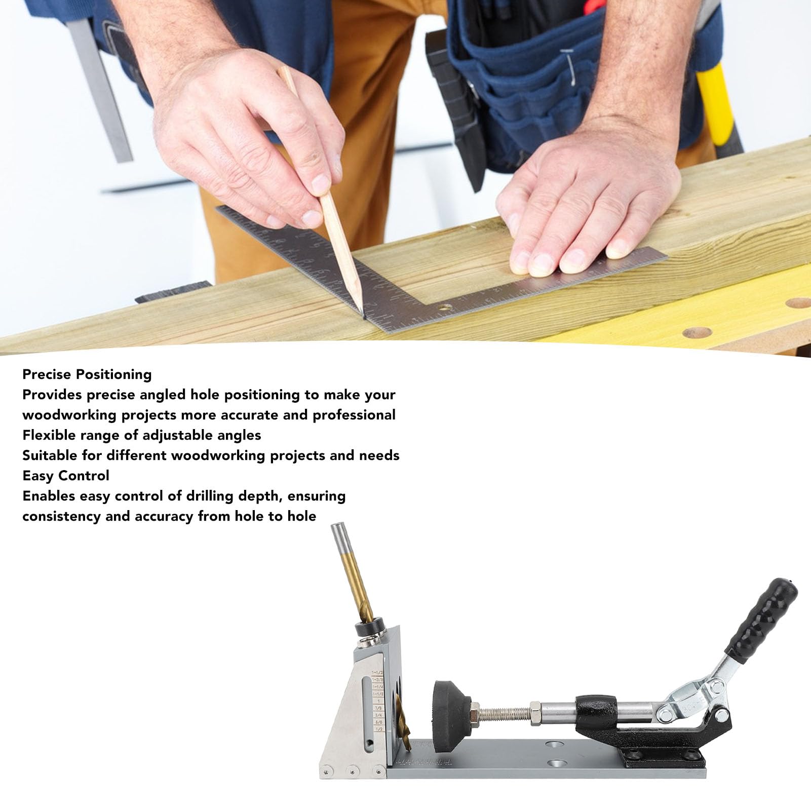 Kit professionale per fori a tasca con regolazione dell'angolo per progetti di falegnameria fai-da-te, in lega di alluminio e legno massello, set da 33 pezzi, 27x6 cm.