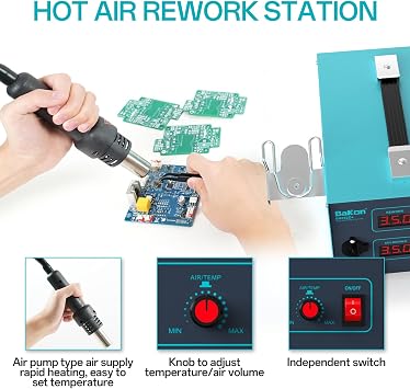 Bakon 852d+ Heat Gun And Soldering Iron 2-In-1 Kit, Smd Hot Air Rework Soldering Station, Multiple Functions Electronics Kit, Led Digital Display, Knob Type Adjustable Temperature