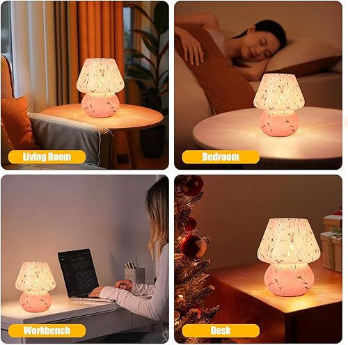 Miniatura 7 de Lámpara de hongo, pequeña lámpara de mesita de noche para dormitorio, sala de estar, bonita lámpara de mesita de noche, luz de escritorio de vidrio