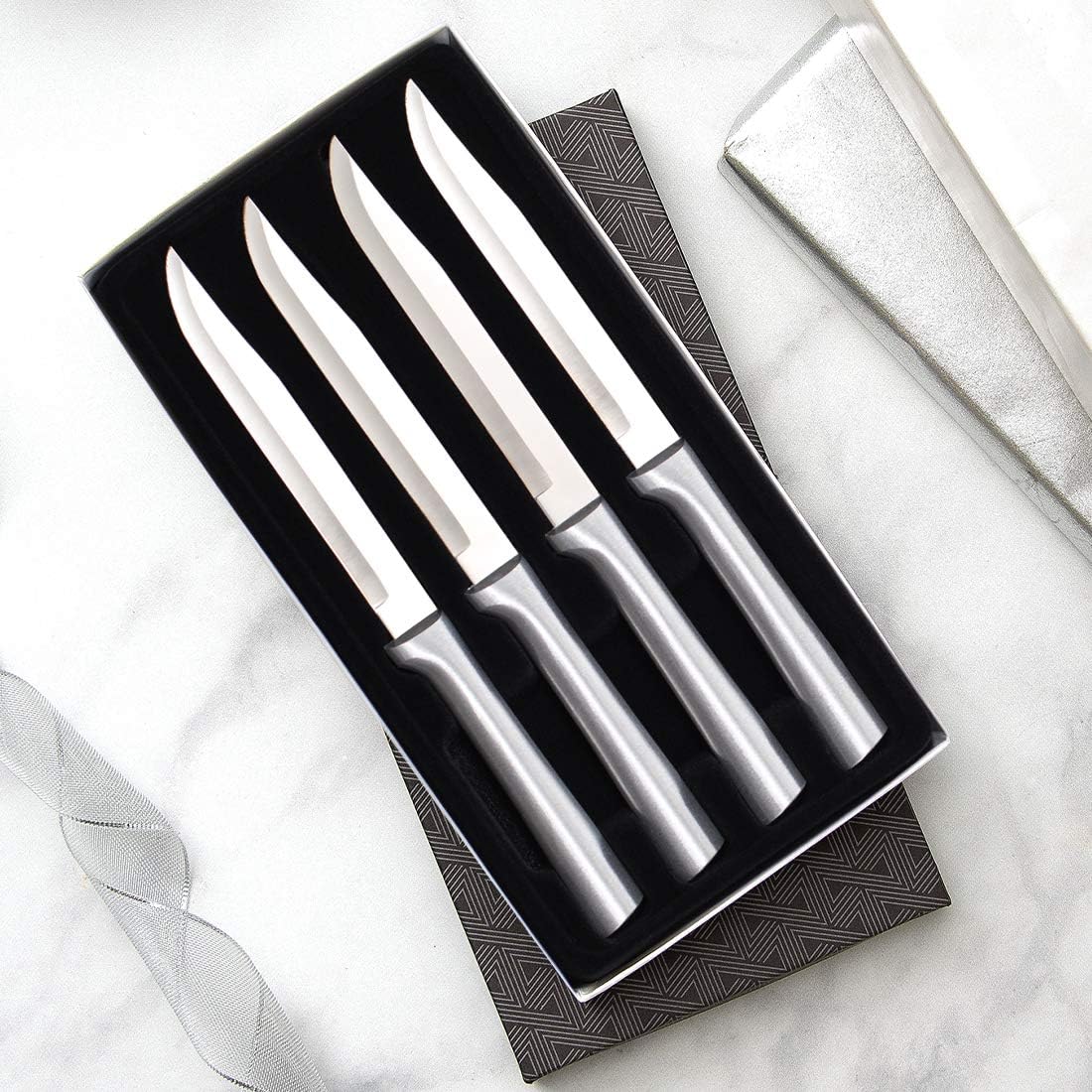 Rada Cutlery Four Utility/Steak Knives Gift Set (S55) with Quick Edge Sharpener (R119), 4-Piece Knife Set and Knife Sharpener, Stainless Steel Blades, Silver Handle