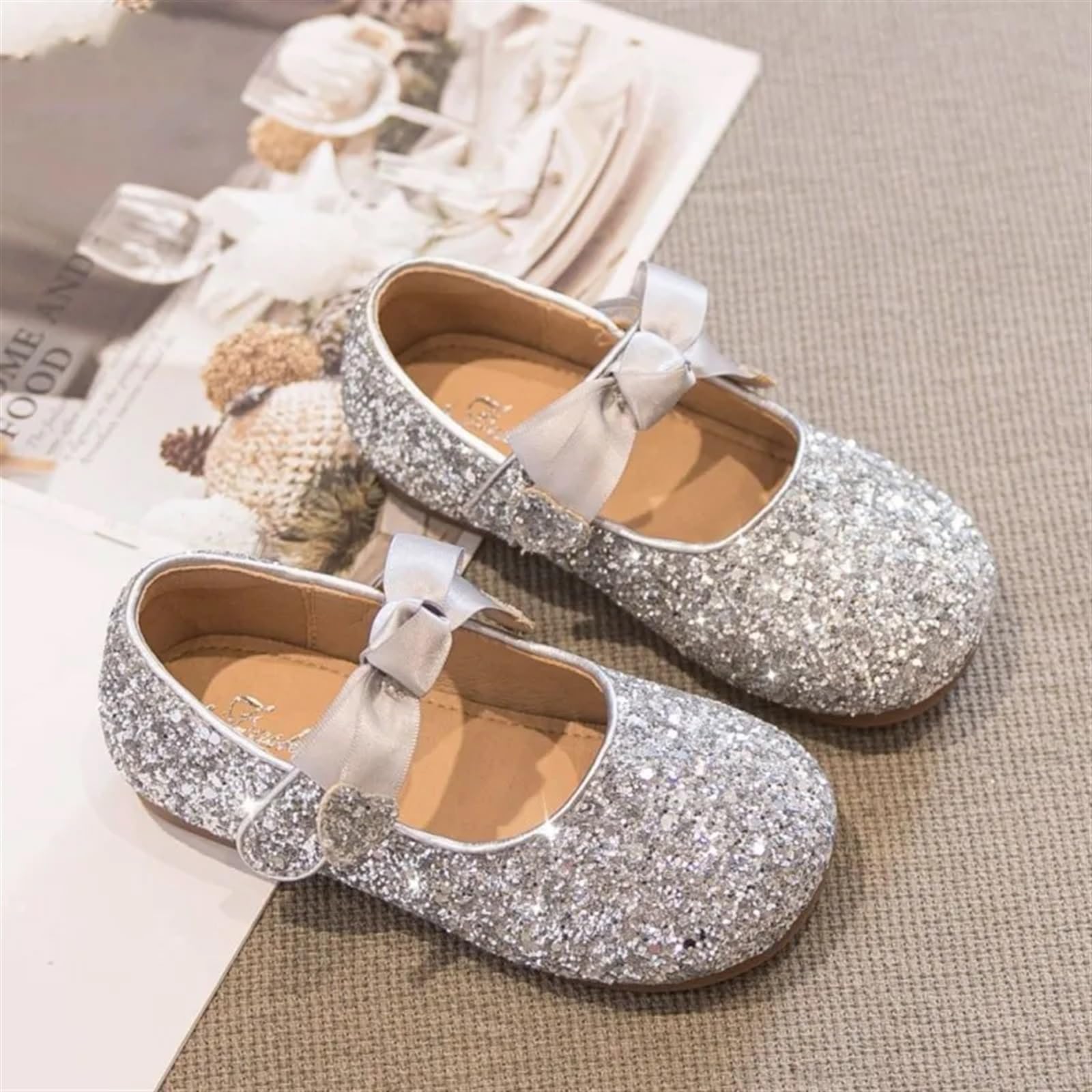 Ballettpantoffeln Mädchen Hochzeit Schuhe Silber Bling Pailletten Stoff Prinzessin Schuhe Wohnungen Dance Show Party(Silver,34)