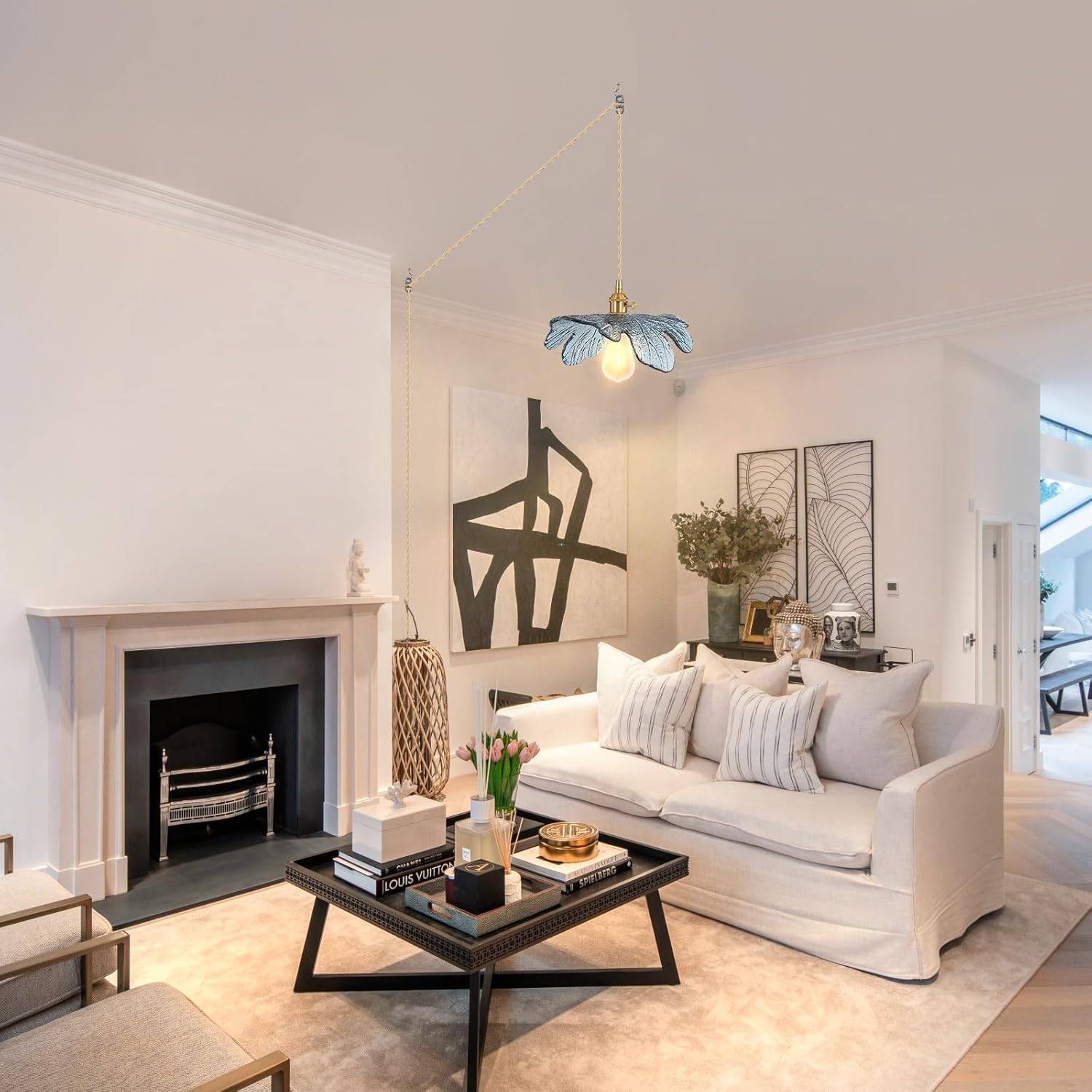 Plug in Pendant Light Hanging Light Plug in Bushed Brass Pendant Lighting 1-Light Glass Pendant Light Fixture Handmade Hanging Light for Kitchen Island Bedroom Dining Room Living Room