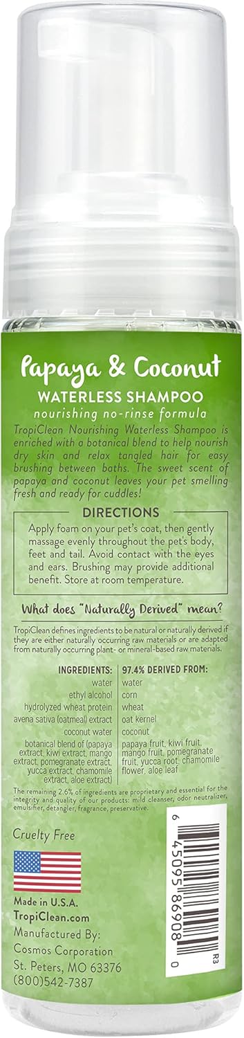 TropiClean Papaya Waterless Shampoo for Pets, 7.4oz - Made in USA - Moisturizing Waterless Shampoo for Dogs & Cats - Nourishes Dry Skin - Sweet Papaya & Coconut Scent - No Rinsing Required