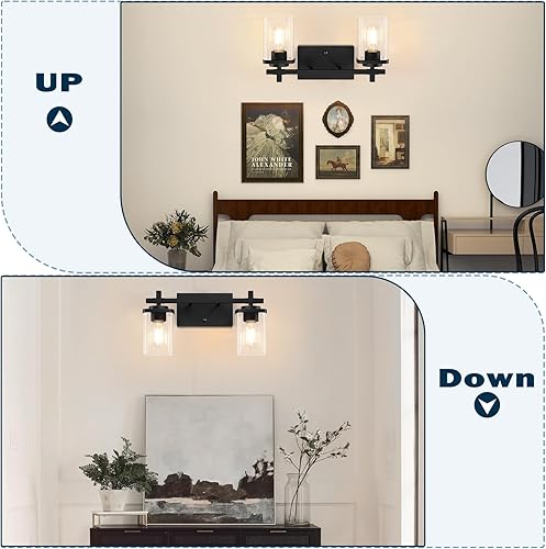 Miniatura 4 de 2 luces de tocador de baño, lámparas de baño negro mate sobre el espejo, apliques de pared de baño con pantalla de vidrio transparente, lámpara de