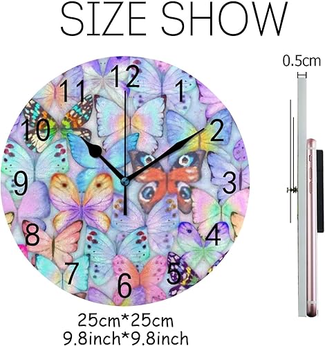 Miniatura 2 de Reloj de pared redondo de mariposas coloridas de acuarela de 10 pulgadas, funciona con pilas, silencioso, sin tictac, fácil de leer, decoración de