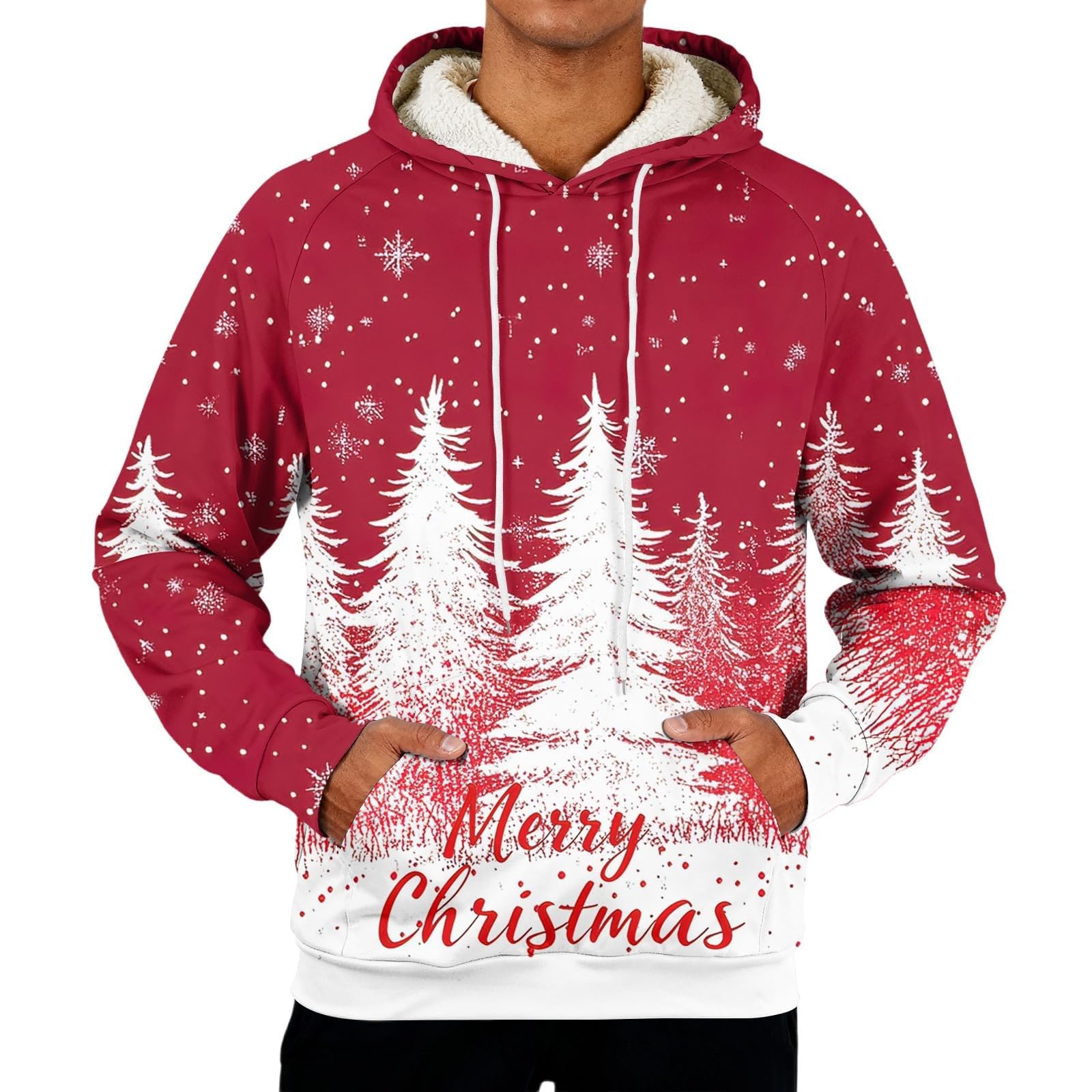 Sudaderas con capucha de Navidad forradas de forro polar para hombre divertido brillante árbol de Navidad sudadera oversize de manga larga suéter cálido sherpa tops novedad trajes navideños ropa de