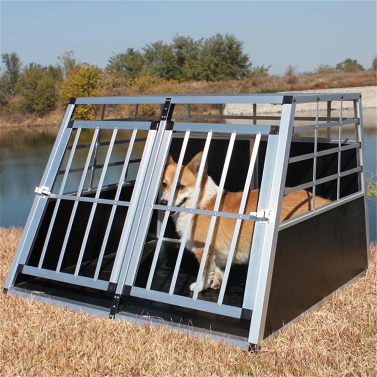 Double Door Pet Car Transport Cage, Cage, Aluminum Alloy Puppy Travel Box, Trapezoidal Dog Cage Cat Cage, Pet Travel, Pet Transport, Pet Supplies, Silver