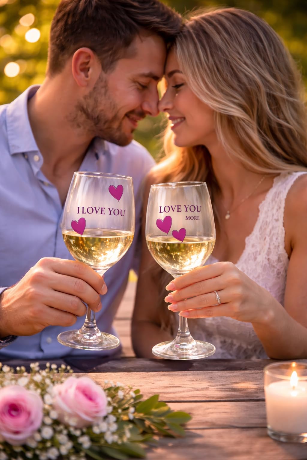 Love You More Wine Glass - Set of 2 Glasses with Pink Decorative Hearts - His and Her Romantic Glassware