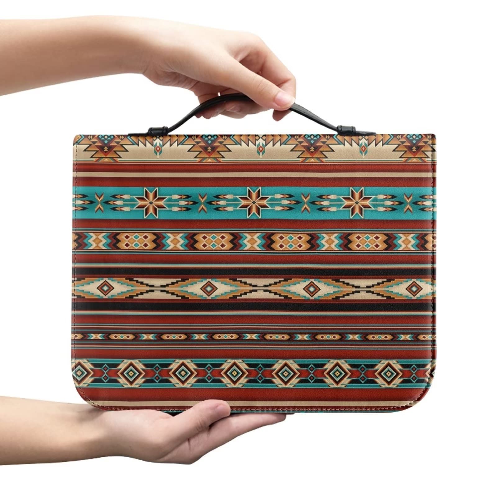 SEANATIVE PU Leather Bible Book Covers Ethnic Tribal Stripe Retro Women Bible Bag Protective Bible Carrying Cases with Handle,Zipper