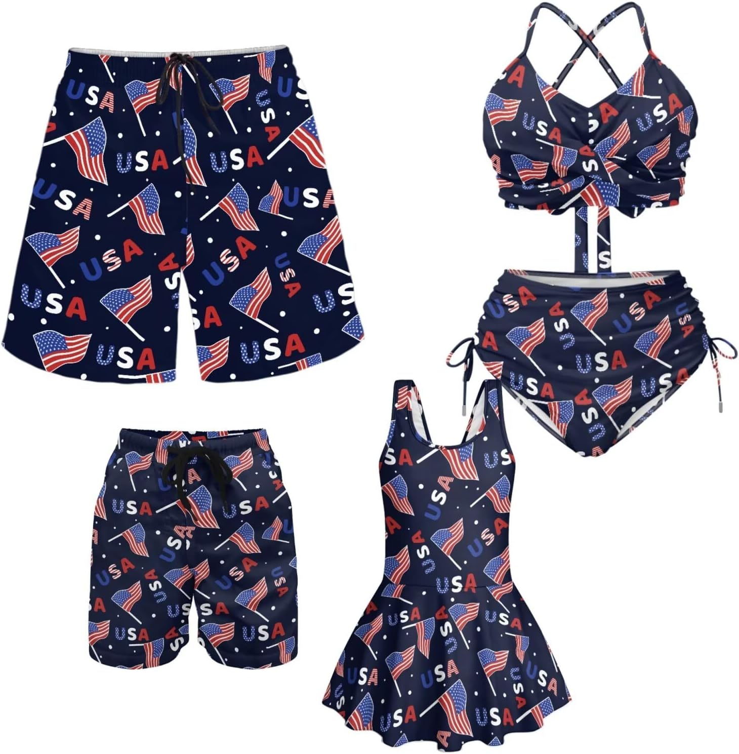 HUGS IDEA Family Matching Swimsuits Patriotic Women High Waist Bikini Girls Tank Swimdress Men Boys Swim Trunks Holiday