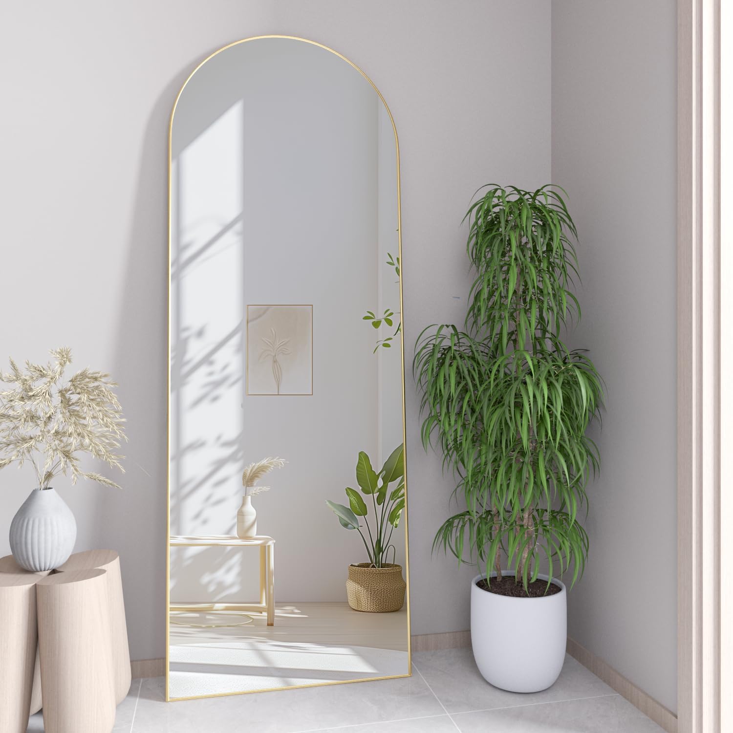 Full Length Mirror, 56"x16" Arch Floor Mirror with Stand, Gold Arched Full Body Standing or Leaning Mirror for Bedroom, Living Room