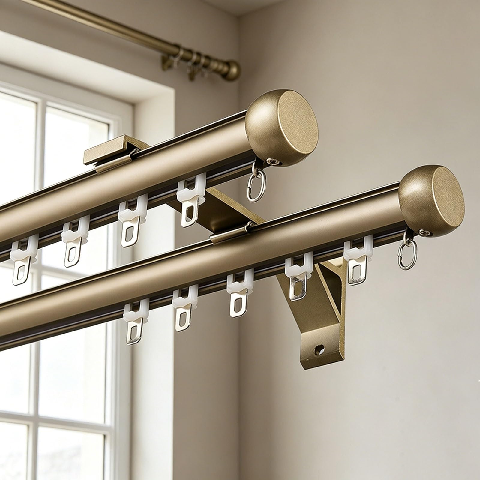 Double Silent Curtain Track Wall Mount Room Divider Heavy Duty ouble Curtain Rod with Mute Rollers Easy Install for Bedroom Living Room Kitchen Office(Champagne,2.8m/9.2ft)