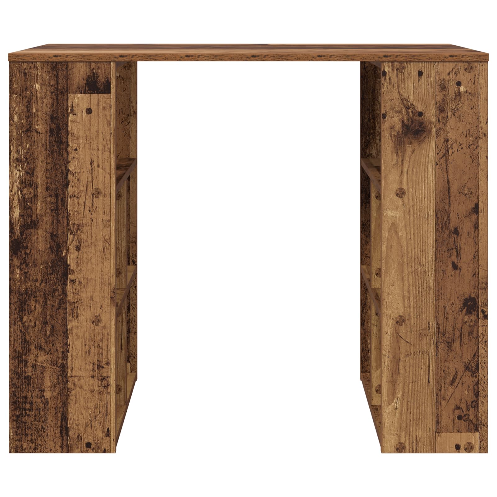 Eckschreibtisch aus Massivholz Altholz Old Wood mit verwitterter brauner Oberfläche und Regalen für Büroorganisation, minimalistisches Design, platzsparend, einfach