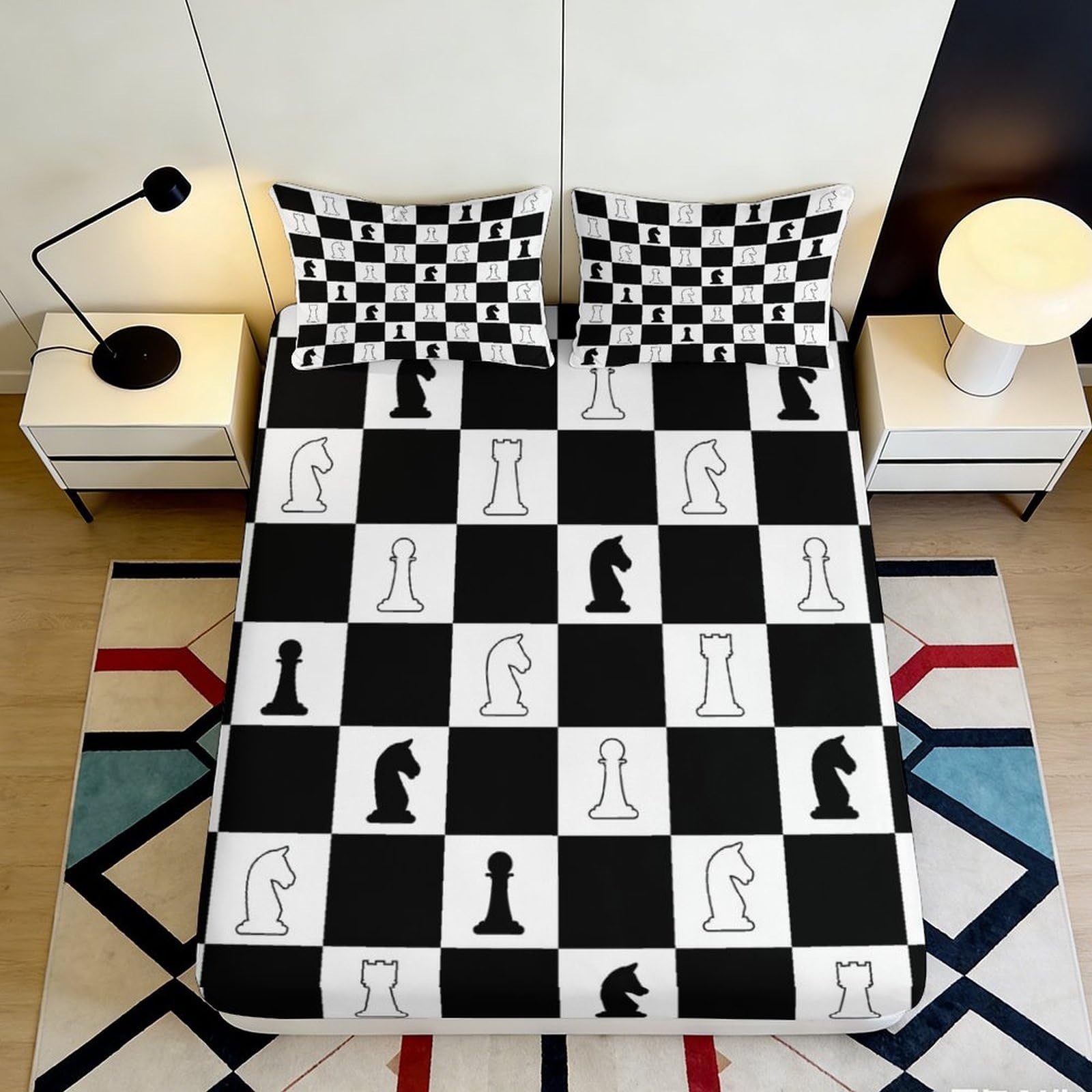 Pnayamiorkfel Style-6 3D Printed Chess Board Fitted Sheet Microfiber Black White Game Pieces Bed Cover For Bedroom Guest Room Decor 90X200x25cm