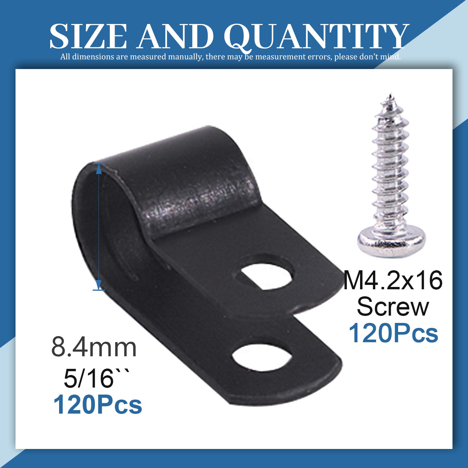 Glarks 120Pcs 5/16 Inch Black Nylon Screw Mounting R-Type Cable Clip Wire Clamp Kit with 120Pcs Screws for Wire, Conduit and Cable Conduit — Amazon image 2