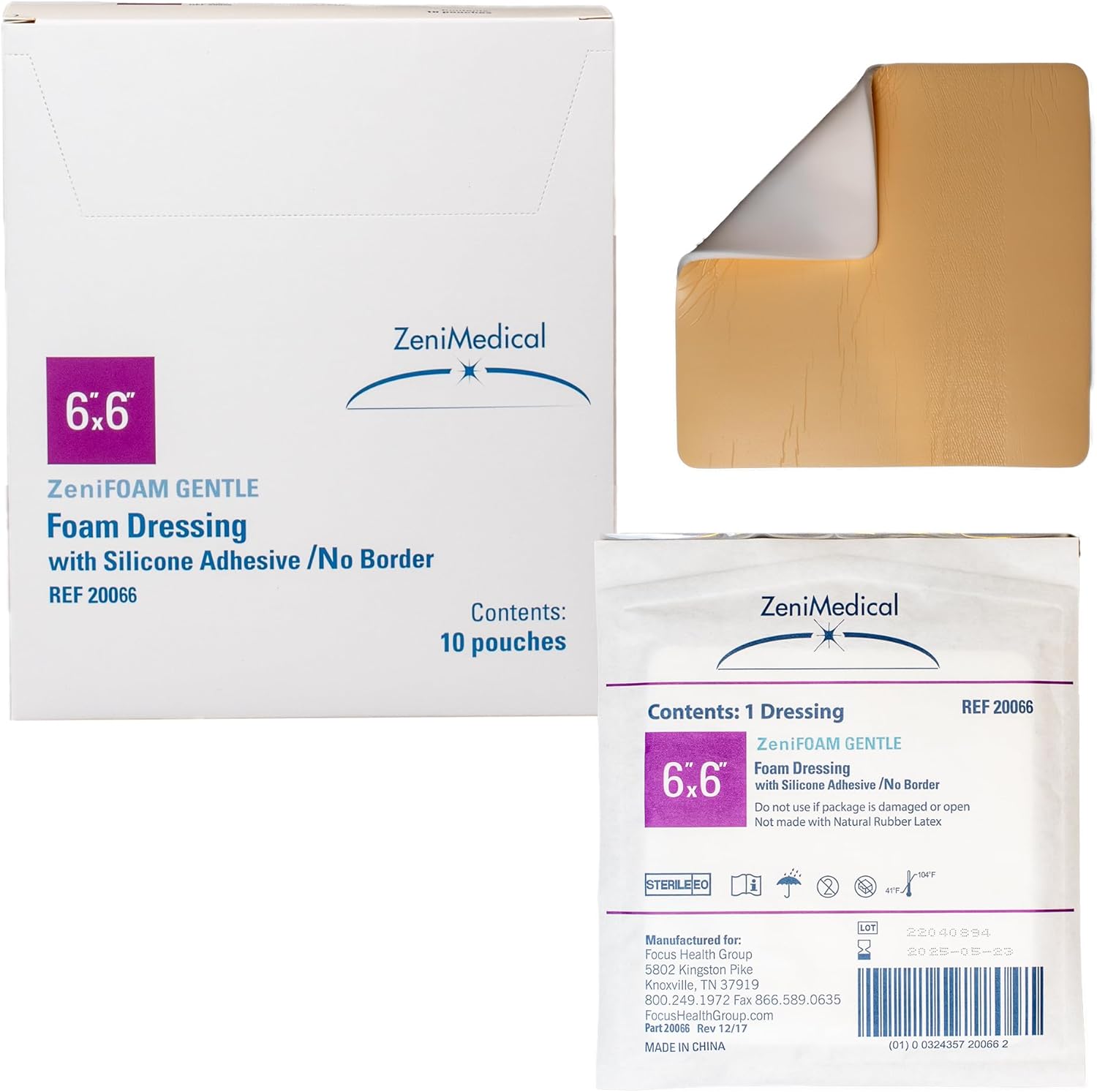ZeniFoam Gentle (6" x 6") Polyurethane Silicone Adhesive, Borderless Foam Dressing, Skin-Friendly, Highly Absorbent for Moderate to Heavy Wound Drainage, Latex-Free, with Waterproof Backing (10/Box)