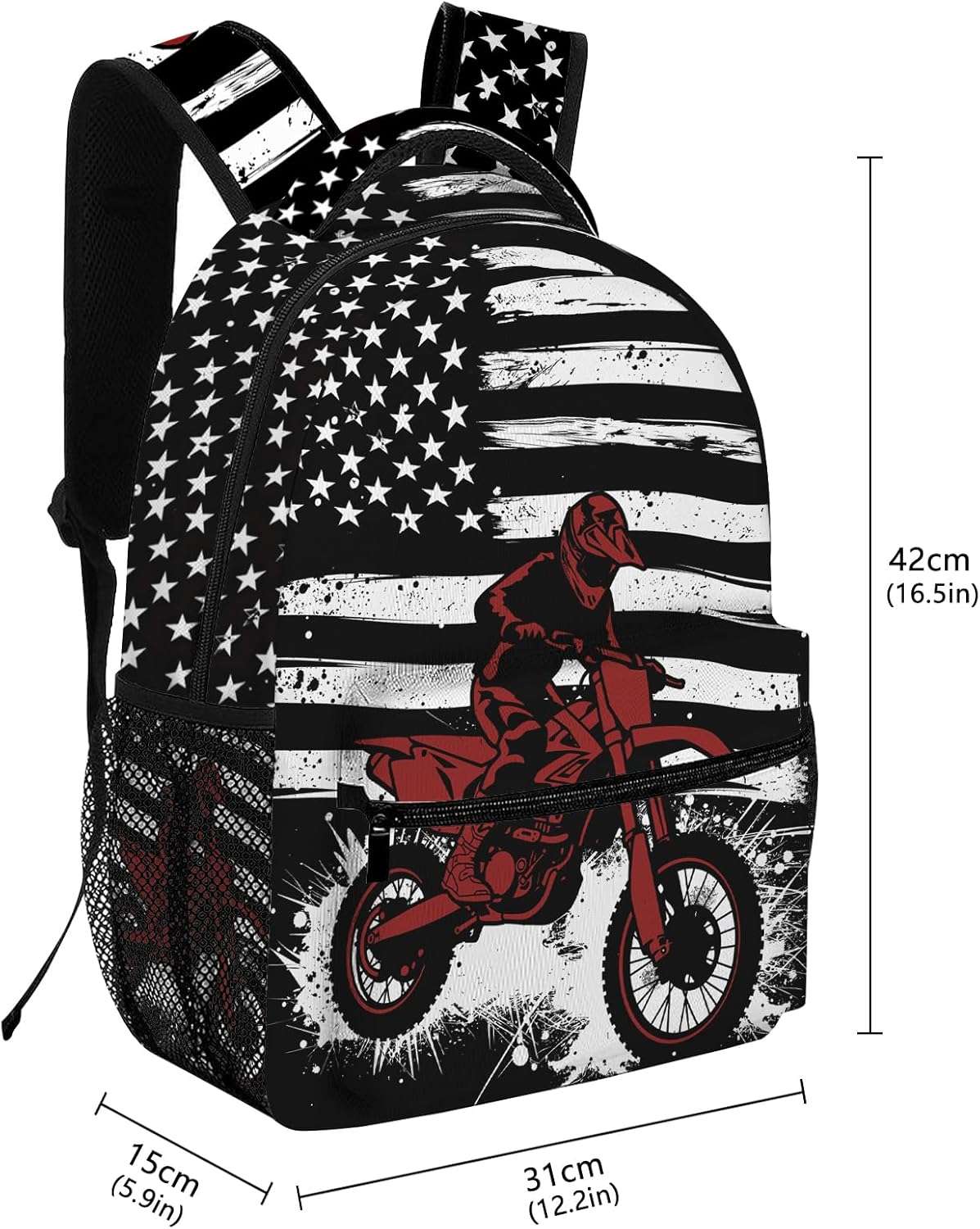 American Flag Motorcycle Backpacks for Men Women, Funny Dirt Bike Backpack for Boys Kids Teens, Black White and Red Motocross Biker School Bookbag Travel Hiking Camping Daypack Rucksack - Image 2