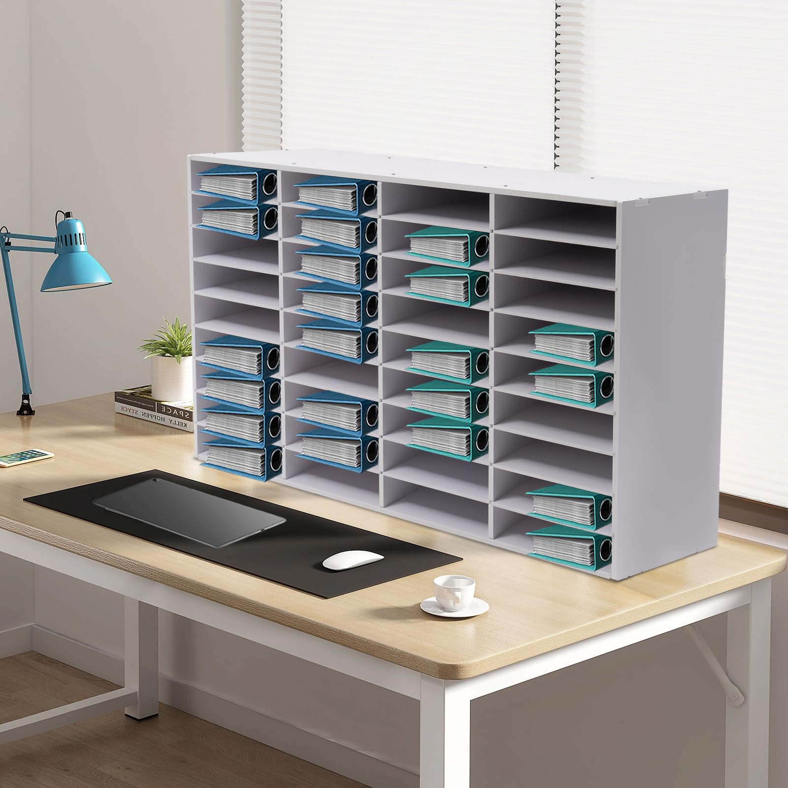 Organizer da scrivania a 36 scomparti, formato A4, per file, raccoglitori, lettere, carta, pannello in PVC, 100 x 30 x 61 cm, bianco