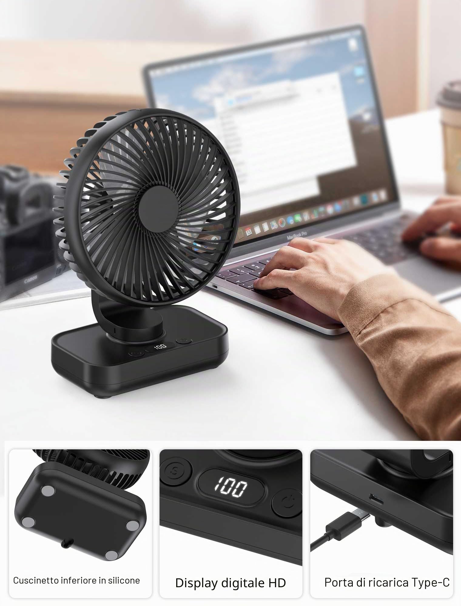 Ventilatore da tavolo silenzioso e automatico, oscillante, batteria da 4000 mAh, USB, piccolo, portatile, 4 velocità, display digitale a LED, per scrivania, casa, picnic e ufficio, 12 V,