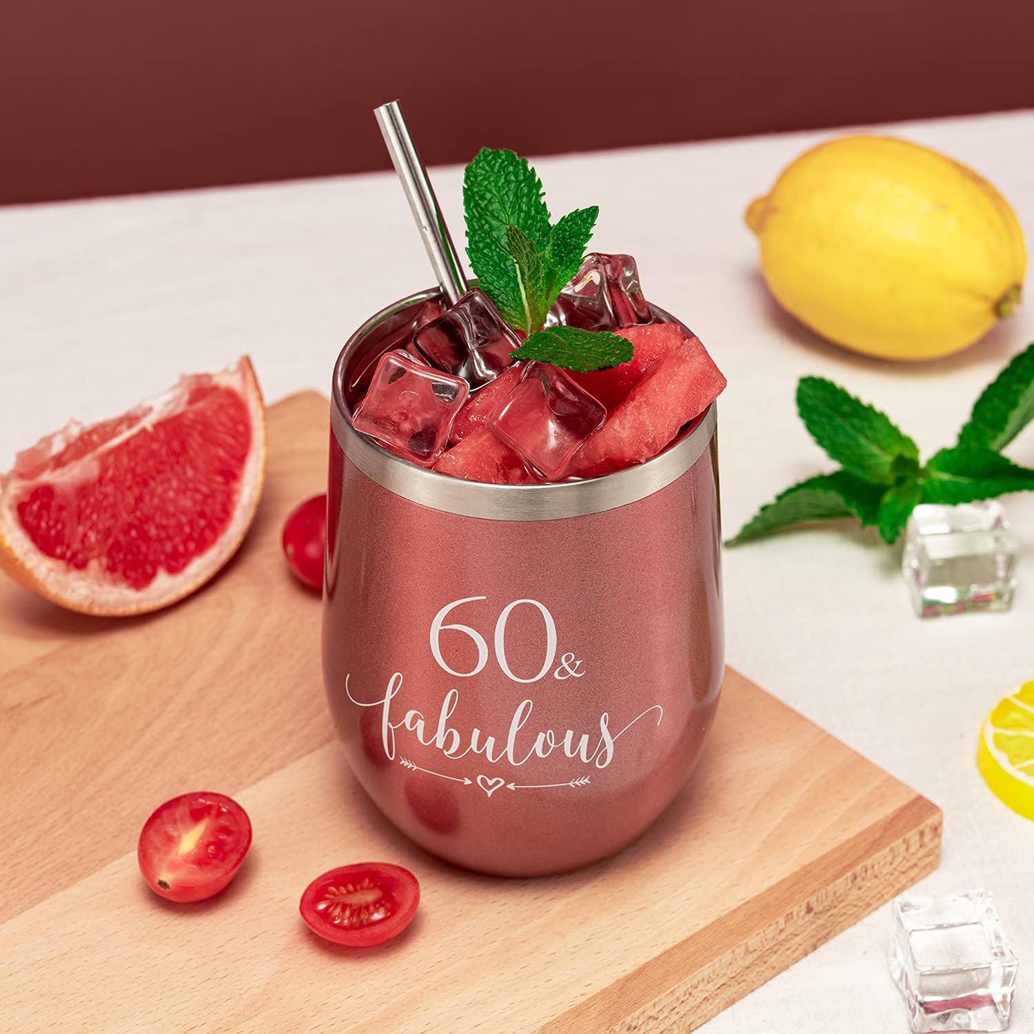 Crisky Rose Gold 60 & Fabulous Wine Tumbler for Women 60th Birthday Gifts for Women, Wife, Mom, Sister, Aunt, Friends, Coworker Her, Vacuum Insulated Coffee Cup,12oz with Box, Lid, Straw - Image 4
