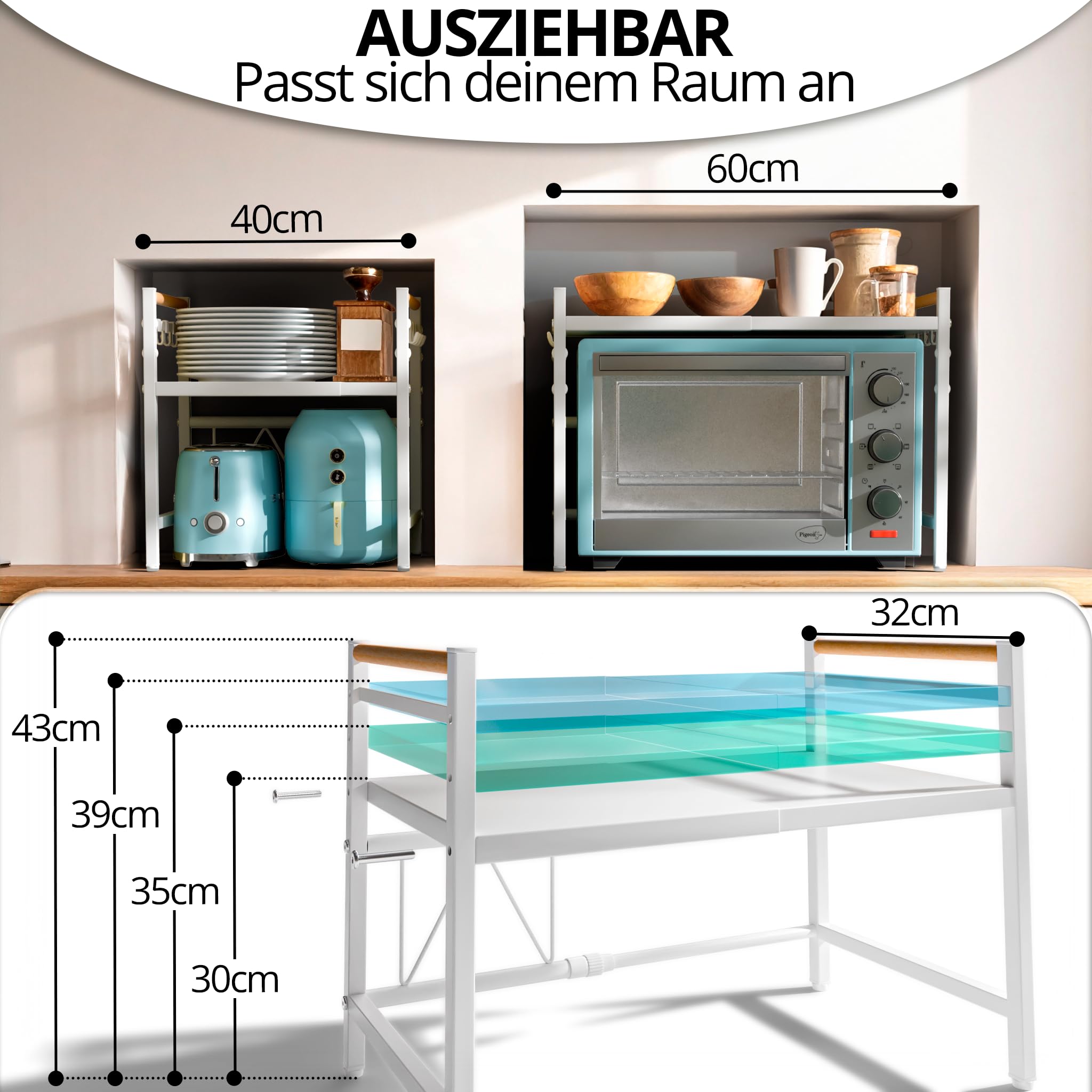 Mikrowellenregal Erweiterbar 40–60 cm – Weißes Küchenregal mit Holzgriffen für Arbeitsplatte, Höhenverstellbarer Mikrowellenständer aus Stahl, Regal für Mikrowelle, Kaffeemaschine & Airfryer