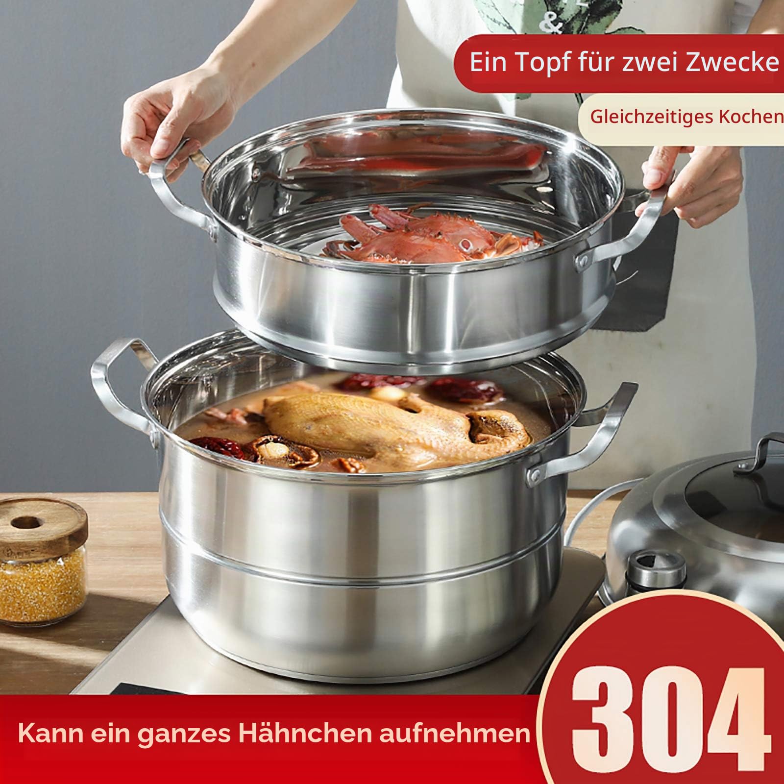 32cm Dampfgarer Fünf Etagen Dampfkocher Edelstahl Biodampfkocher mit Glasabdeckung, Dampftopf Induktion für alle Herdarten, Couscous Topf, Kochtopf für Gardampftopf Dampfkochtopf Induktion