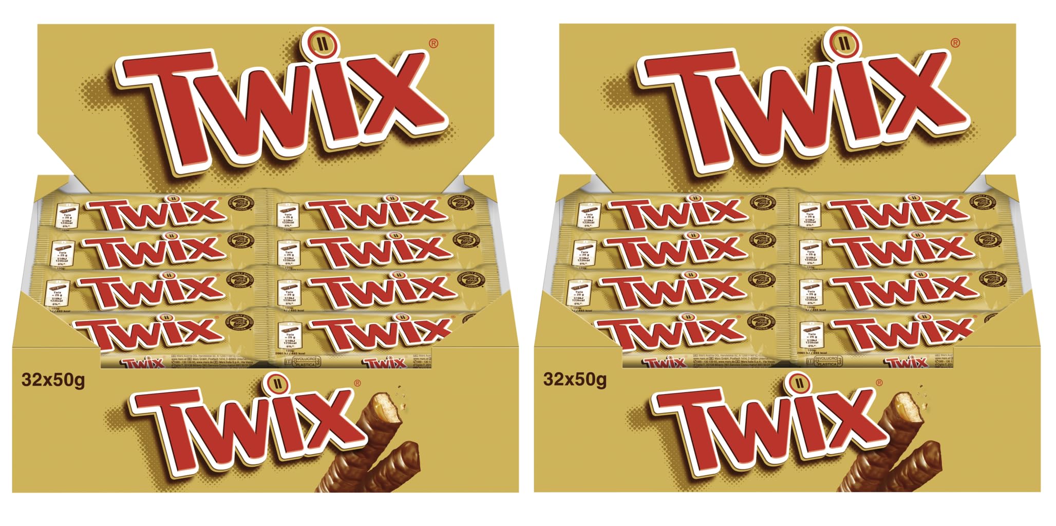 TWIX Doppelriegel 2x 32x50g Schokoriegel Knusperkeks mit zartem Karamell umhüllt von Milchschokolade