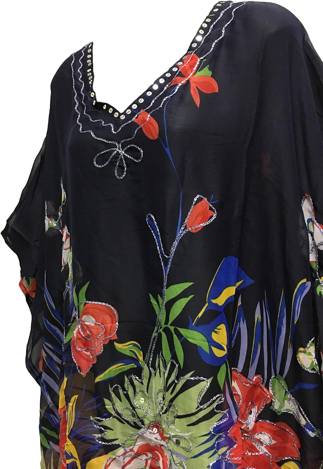 Missy Plus Indian Sequined Chiffon Cover Up Caftan Poncho Navy Blue Floral JK No15