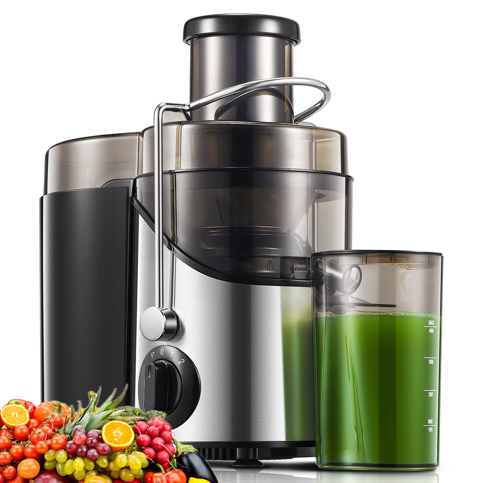 Juilist Juicer Machine, Centrifugal Juicer for Whole Fruit and Vegetable, Big Mouth Large 65MM Feed Chute Juice Extractor with 3 Speed Setting, Easy to Clean, Stainless Steel, BPA Free, 400W