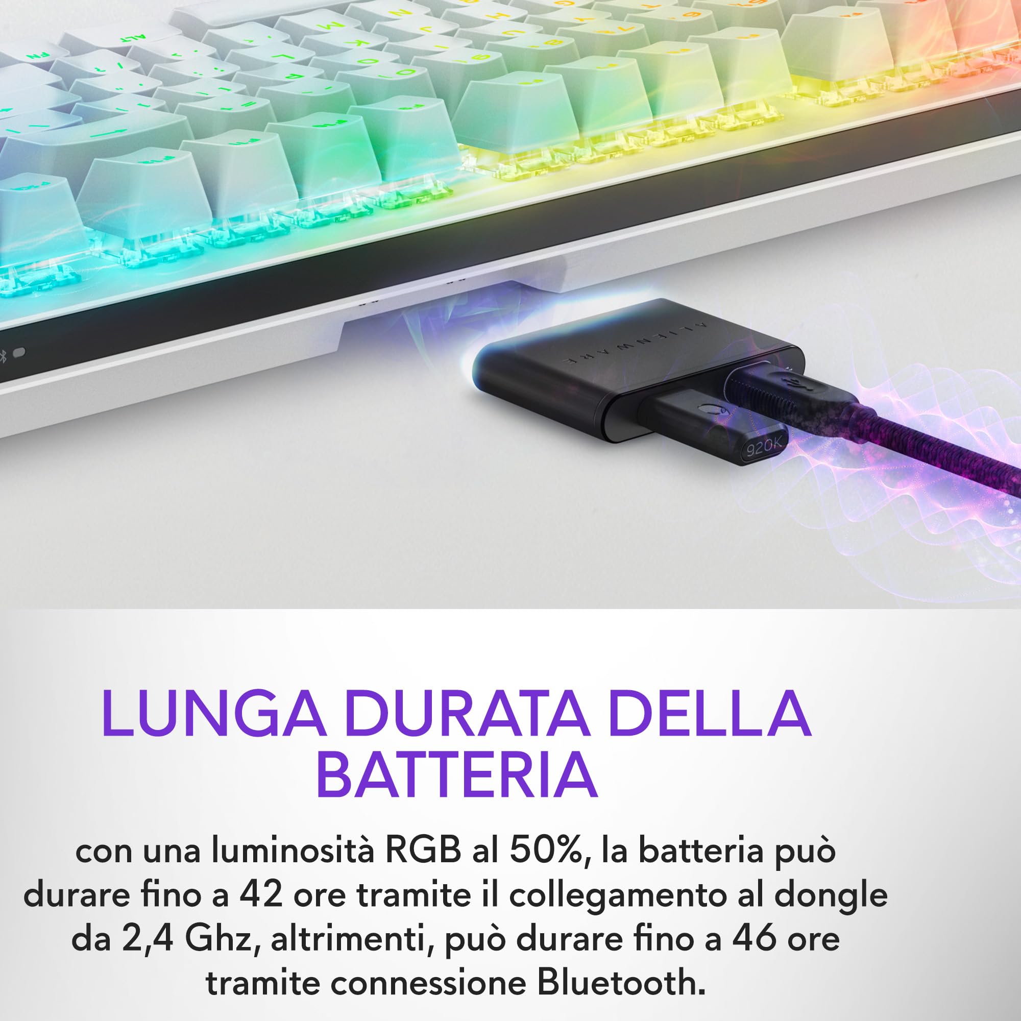 Alienware AW920K Tastiera Tri-Mode Wireless Gaming – Connettività Tri-Mode, Retroilluminazione AlienFX RGB, Switch CHERRY MX Red, Ricarica Magnetica, Qwerty Lunar Light