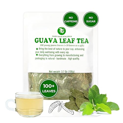 Té de hoja de guayaba joven más de 100 hojas enteras secas (+ hasta 20 hojas), 3.39 onzas, hojas de guayaba, sin cafeína, sin azúcar añadido,
