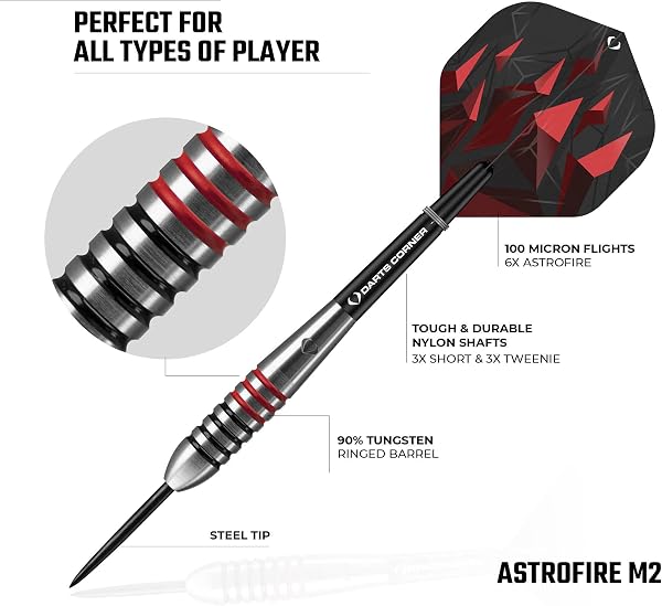 Darts Corner Astrofire | Juego de Dardos con Cuerpo 90% tungsteno y Punta de Acero Incluye 6 Aletas, 6 Varillas, Tarjeta de Pago y Estuche de Almacenamiento, Anillos y - 4