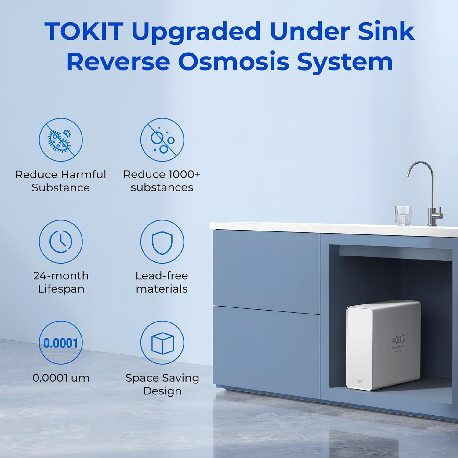 TOKIT U1 SE Under Sink Water Filtration System, Reverse Osmosis Water Filter Under Sink with Faucet, NSF/ANSI 58, Tankless, 400 GPD 2:1 Pure to Drain, Reduces TDS