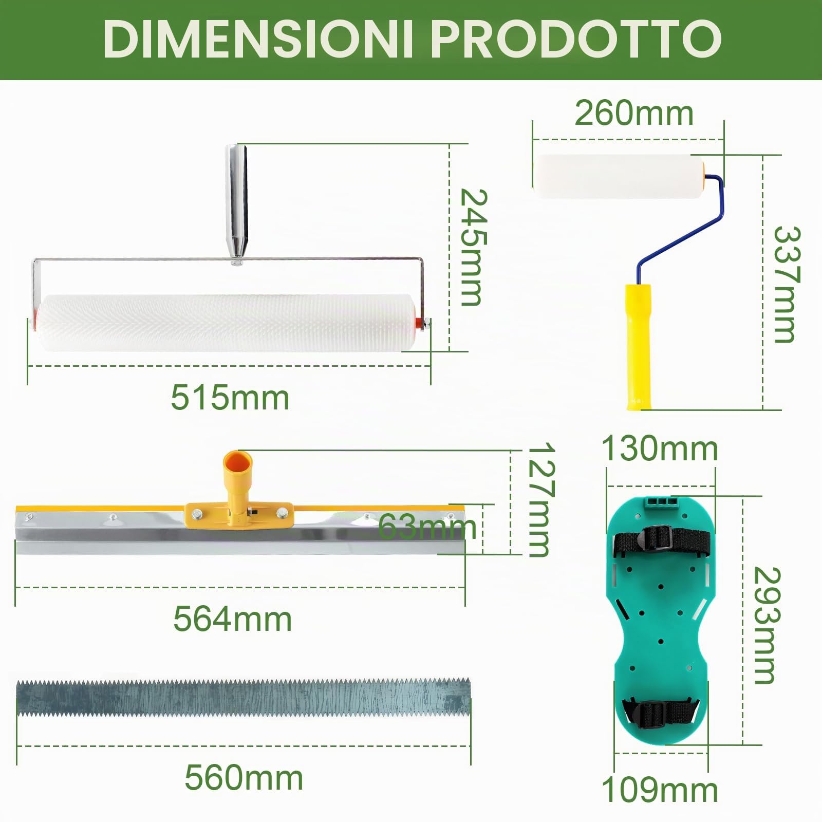 Kit di Strumenti Autolivellante per Pavimenti, Set Attrezzi per Pavimenti Composto Livellante, Rullo Frangibolle 11 mm, 30 mm Spiked Scarpe, Asta Telescopica 160 cm, Spatola Autolivellantein