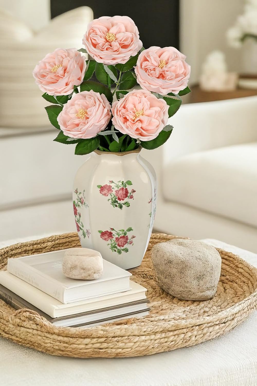 5Pcs Peonies Artificial Flowers Real Touch Austin Roses 23.6 Inch Long Stem Fake Flowers for Decoration Latex Rose Peony for Vase Wedding Valentine’s Day Party Arrangement Home Decor - Light Blush