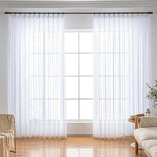 White Sheer Curtains 92 Inches Long Pinch Pleat Ceiling Curtains & Drapes | Thin Linen Textured Transparent Sliding Glass Door Living Room Dining Rustic Light Filtering 2 Panel Window Treatment Cortina