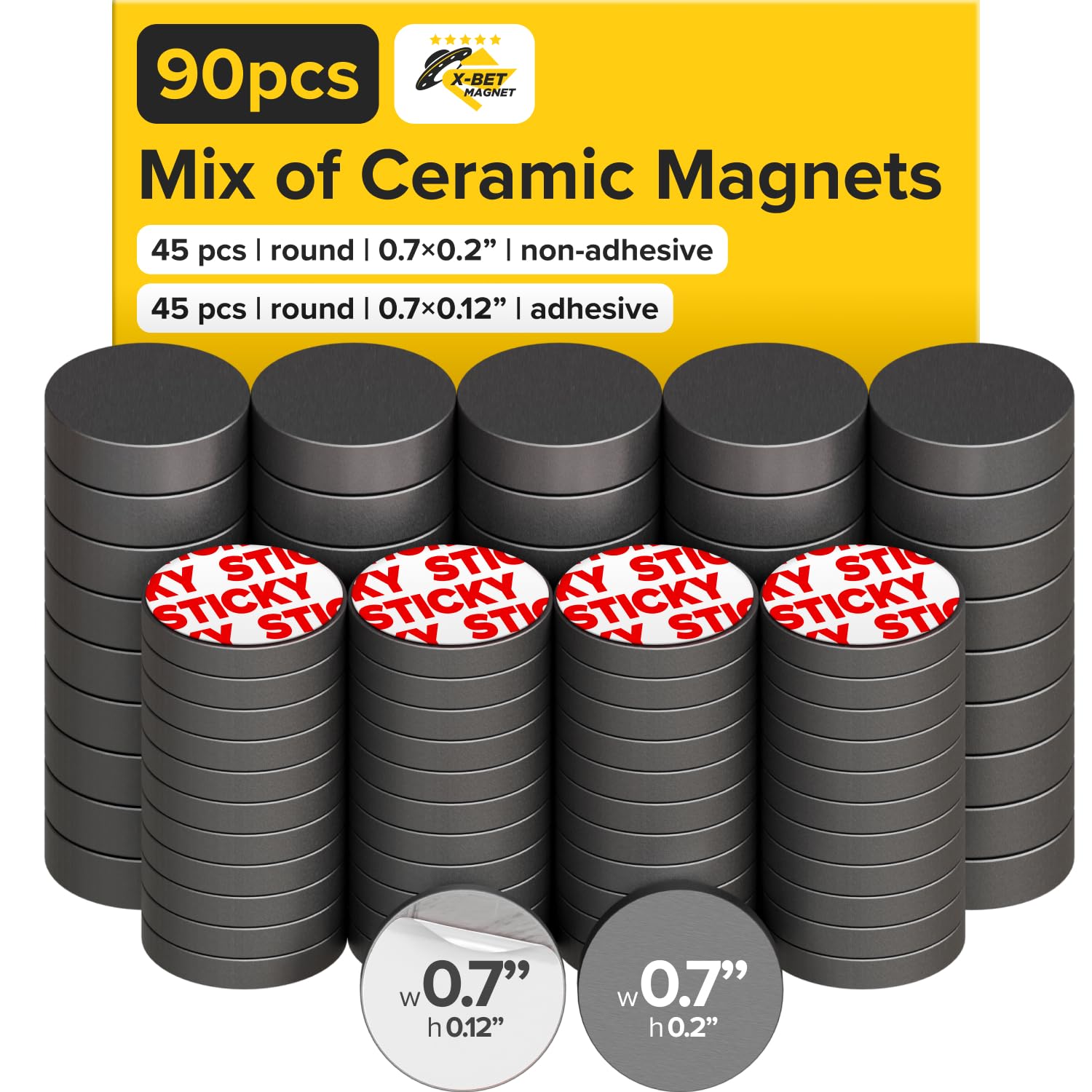 X-Bet Magnet Gray Metallic Ultra-Strong Ceramic Round Magnets With Adhesive Backing (2 Sizes Mix, 90 Pcs) – Heavy Duty Sticky Magnets, Non-Corrosive, Versatile For Home, Office, Workshop, Whiteboard, Fridge And Hobby Use