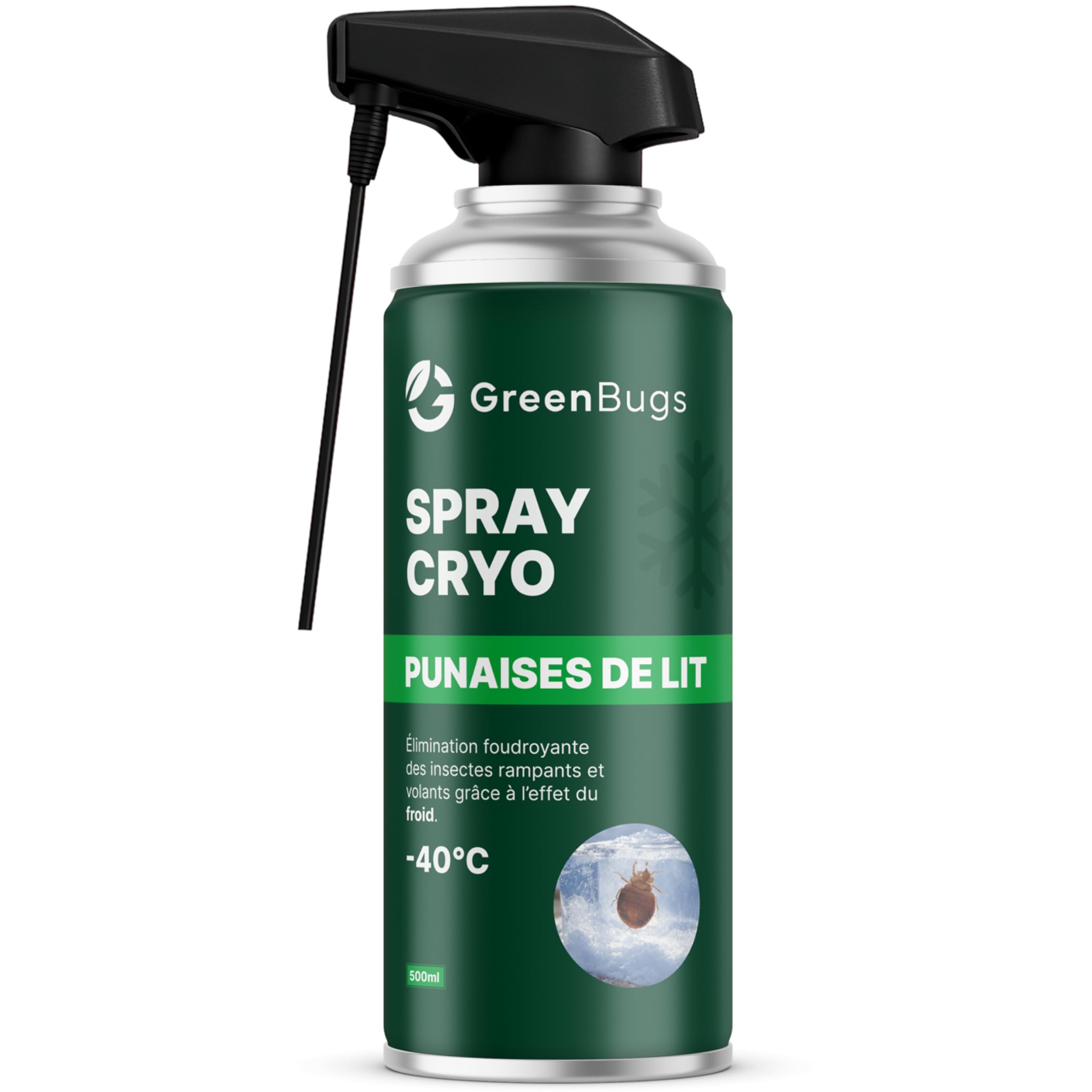 SPRAY CRYO ANTI PUNAISES DE LIT -40°C - 500ml - Élimine instantanément les Punaises de lit et les Oeufs - Applicateur de précision - Solution Naturelle Efficace sans Insecticide - GREENBUGS
