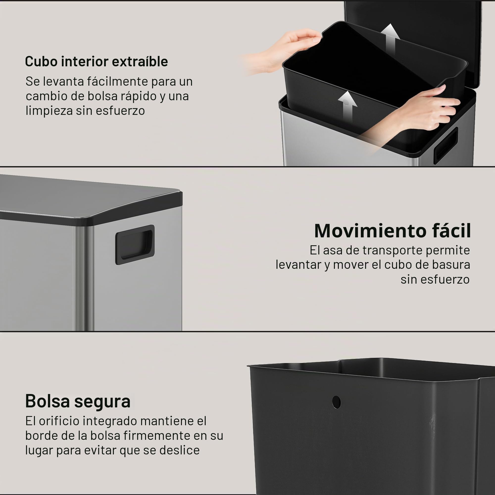 HOMCOM 13.2 Gal./50 L Cubo de basura antihuellas Soft-Close Tapa Plateado | Cubo interior extraíble, tapa de cierre suave, mantenimiento de apertura, filtro antiolor, asas