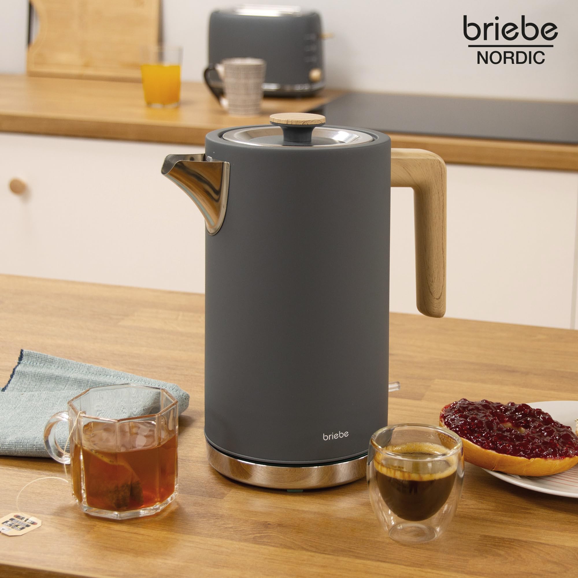 briebe Nordic Tostapane a Fessura Larga a 2 Fette, 6 Livelli di Tostatura, Pinze + Bollitore Elettrico 1,7L Cordless, Ebollizione Rapida 2200 W, senza BPA, Set Colazione Design Nordique, Grigio