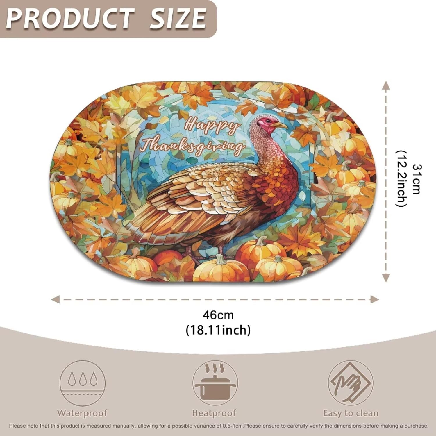 Turkey Pumpkins Placemats Set of 4 Dining Table Place Mats 18x12 Inch Oval Design Seasonal Anniversary Holiday Table Mats for Party Kitchen Dining Decoration