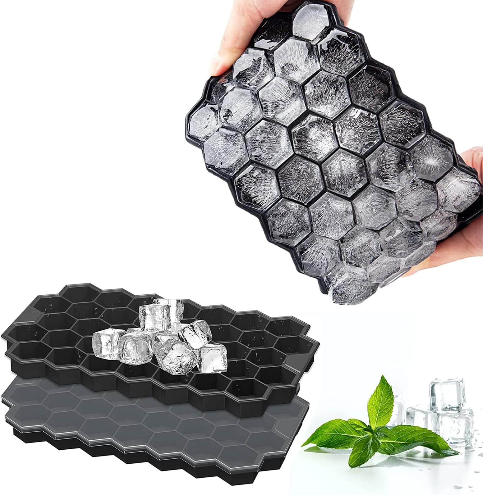 2 Pcs Ice Cube Trays, Silicone Small Ice Cube Trays with Removable Lid, Easy-Release & Flexible Hexagonal 37-Ice Cube Molds, Stackable for Freezer, Chilled Drinks, Whiskey, Cocktail