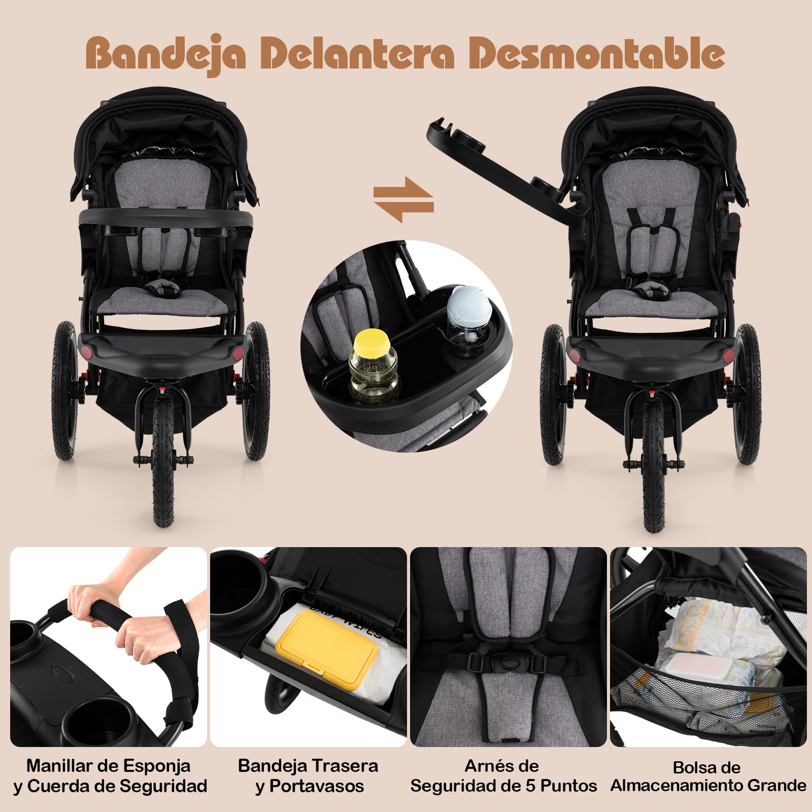 COSTWAY Silla de Paseo Ligera, Carrito Bebé Plegable con Dosel Ajustable, Asiento Reclinable, Bandeja Desmontable, Bolsa de Almacenaje y Ruedas Infladss, Carro para Bebés de 0 a 48 Meses